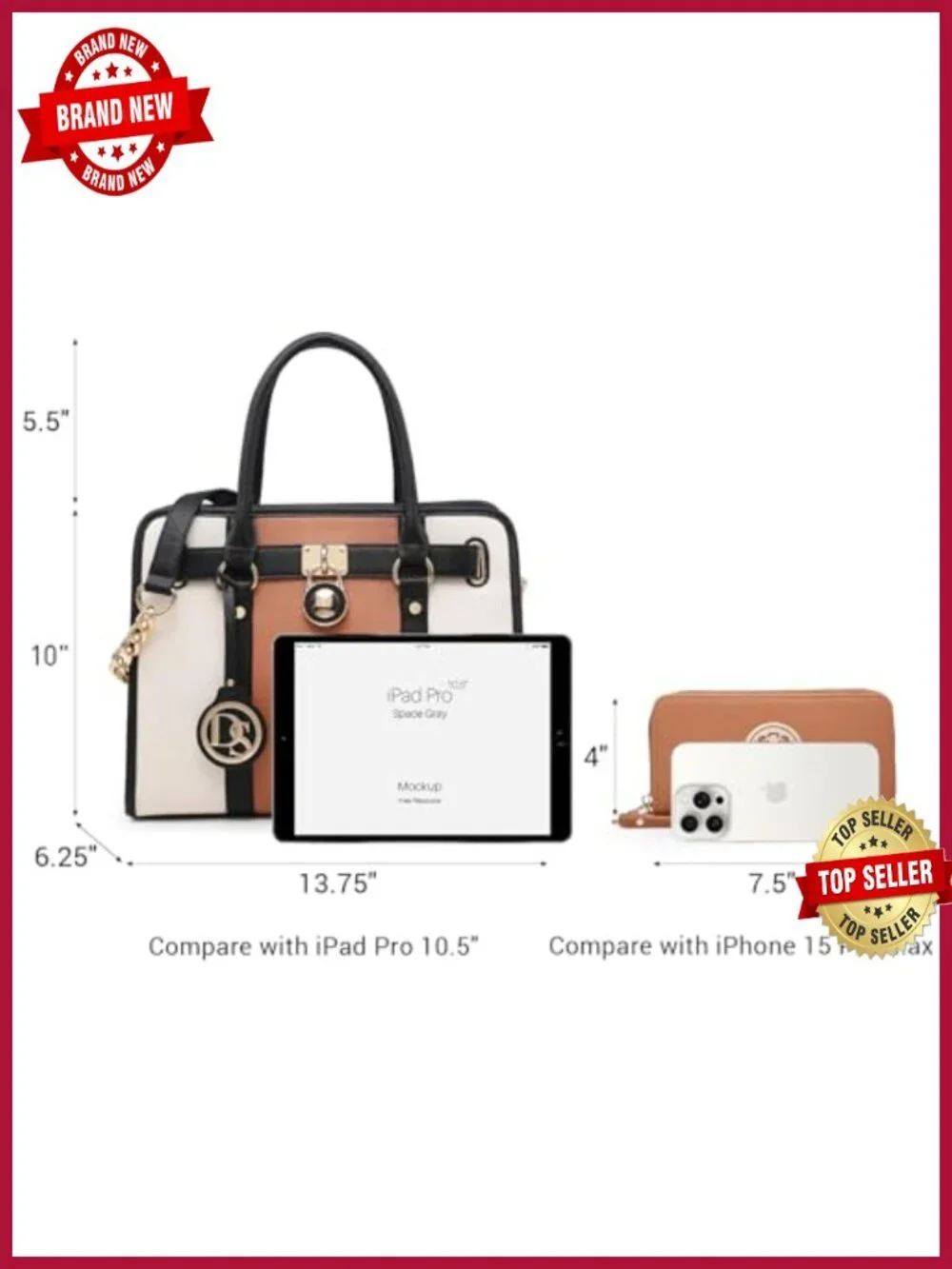 Large Structured Satchel Tote with Matching Wallet, Vegan Leather, Work